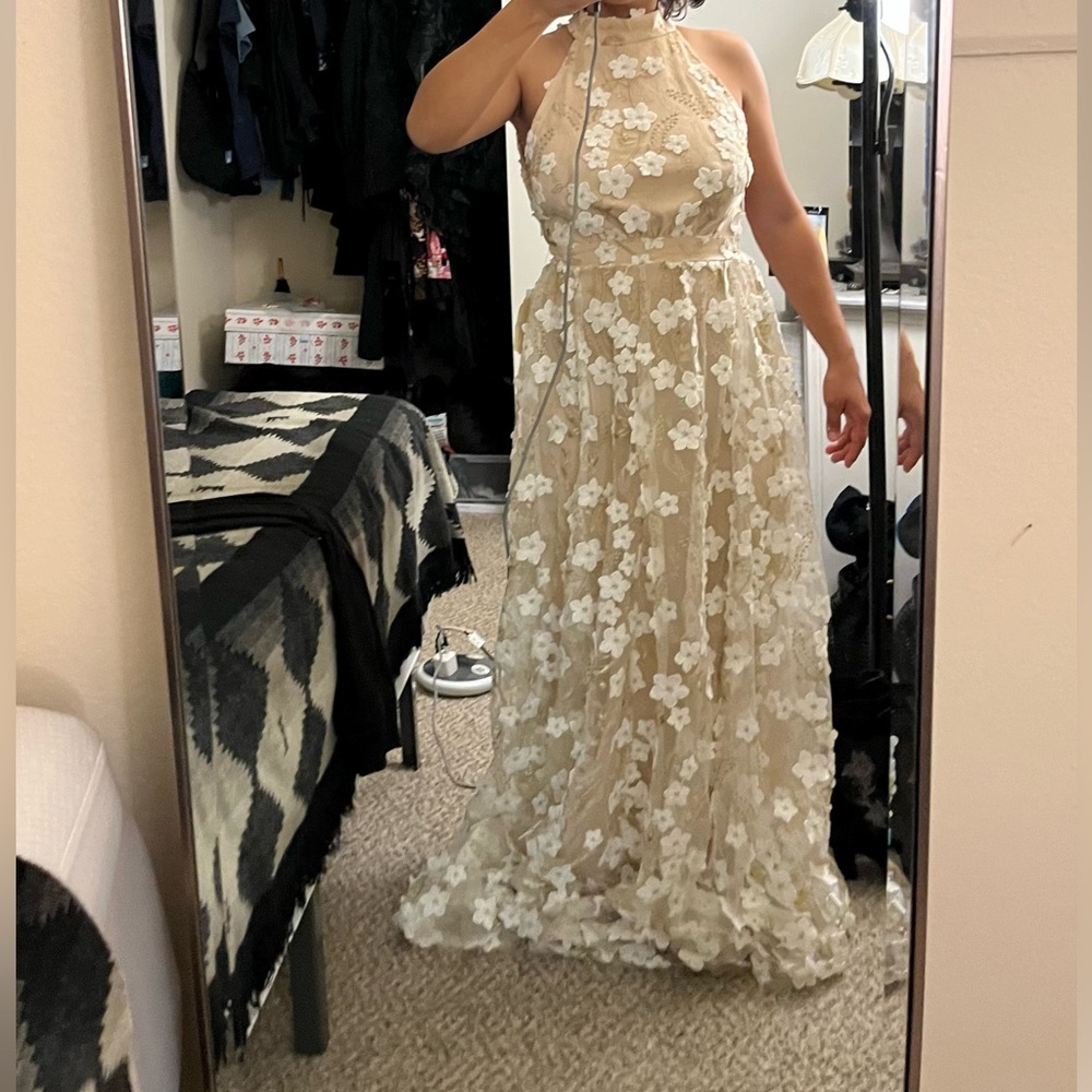 Elegant Cream Floral Halter Dress